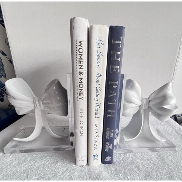 PAIR LUCITE Bookends White High Gloss Bow Modern Contemporary Feminine Designer - Picture 10 of 12